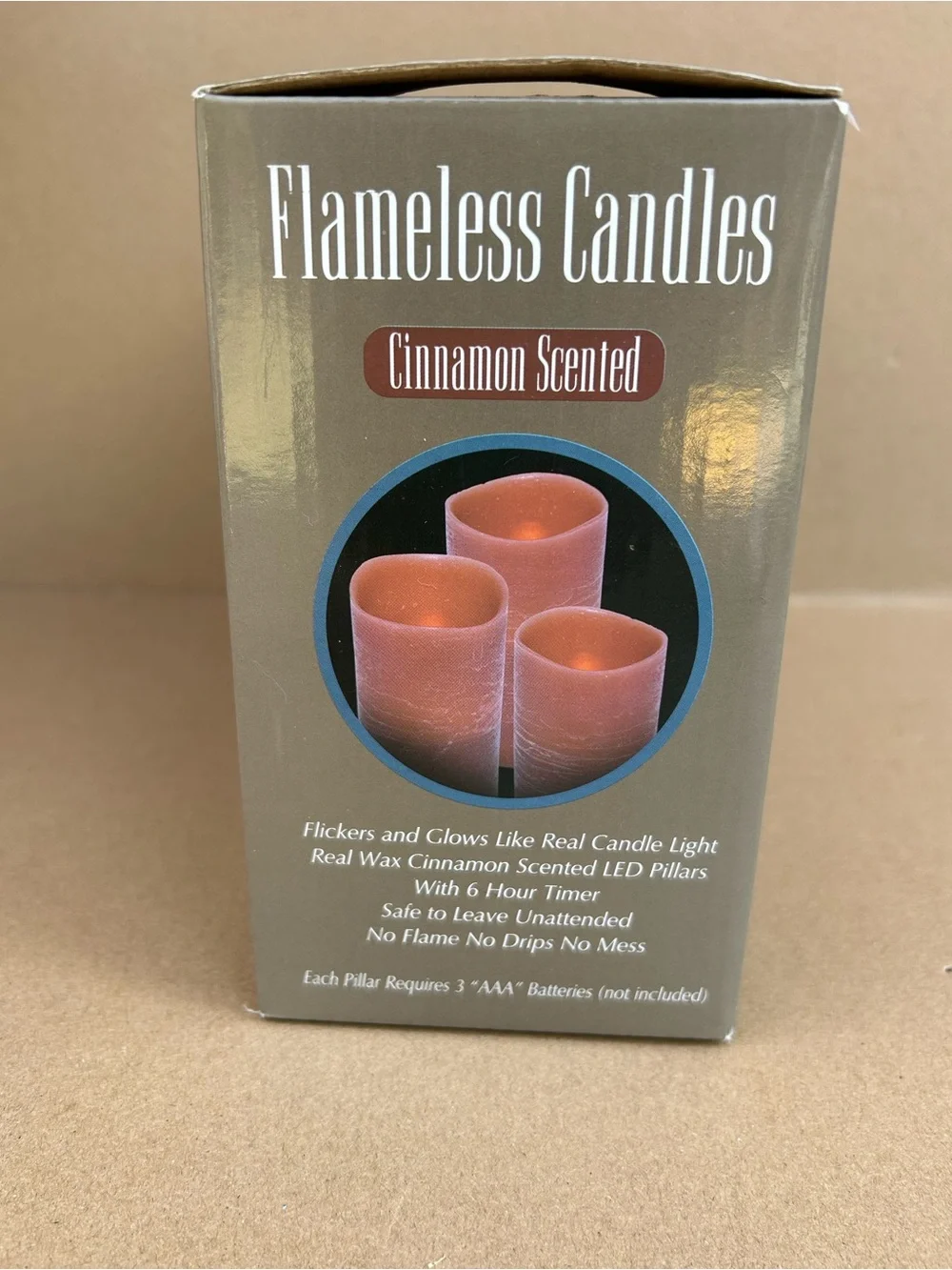 Flameless LED Pillar Candles Cinnamon Scented Real Wax Set of 3 Flickering